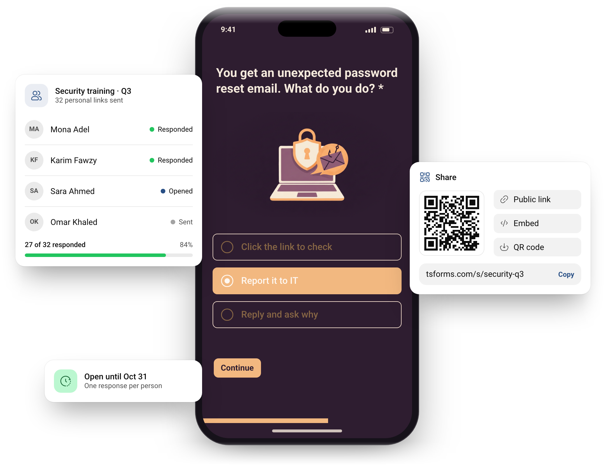 A security awareness question on a phone in a plum theme, with an invitations list showing who responded and a QR code to share the quiz.